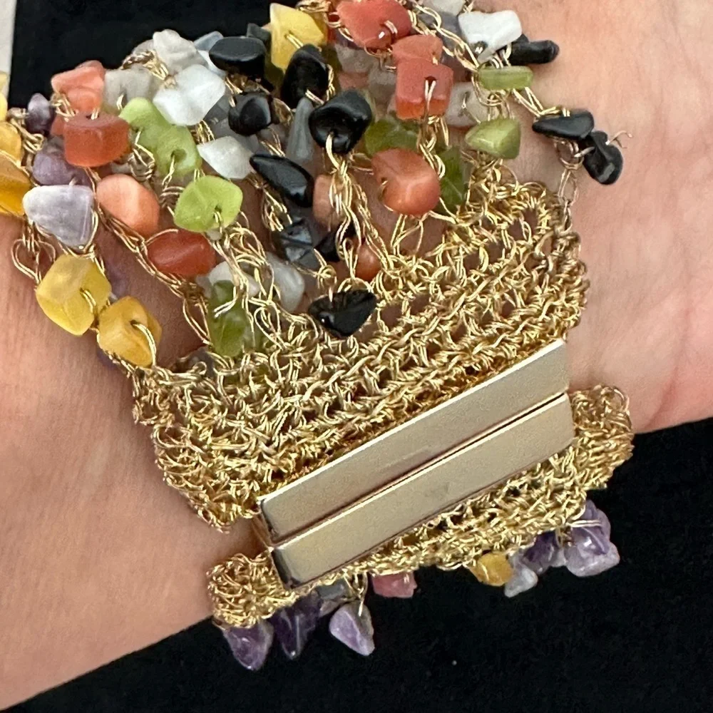 SALE: Bracelet Multi-colored natural stones strung on gold woven wire. 4” wide